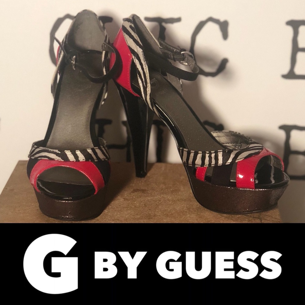 G By GUESS Zebra, Red & Metallic Platform Heels